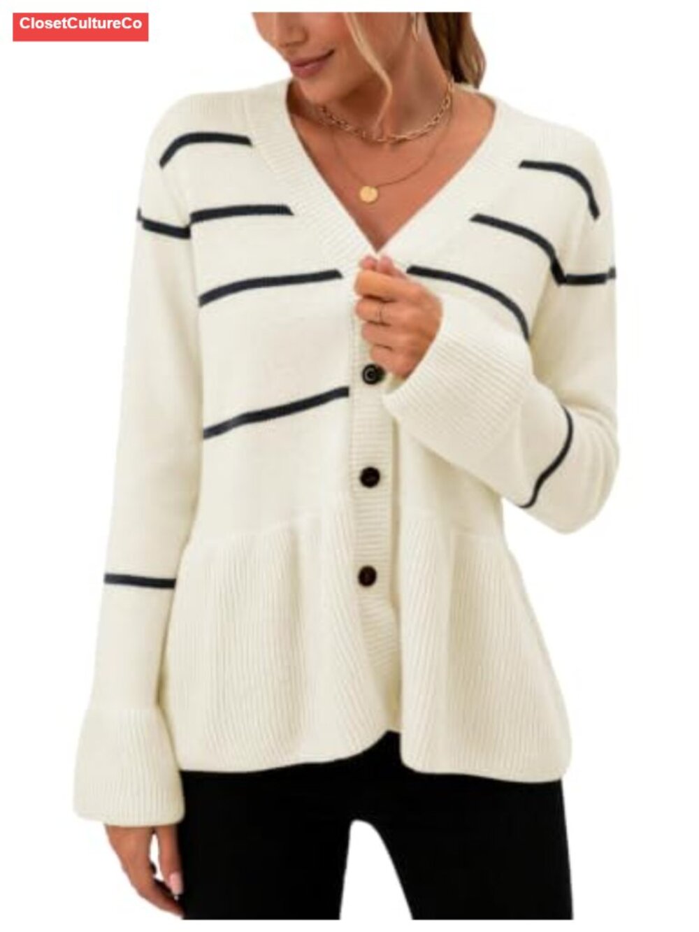Striped V-Neck Button Down Cardigan Sweater Cropped Ruffle Hem